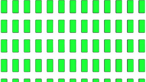 teléfonos móviles con pantalla verde en blanco, vista frontal, aislados en fondo blanco. una cuadrícula de teléfonos moviéndose arriba y abajo. animación 4k para la presentación en el diseño de la pantalla. renderizado 3d de bucle sin costuras