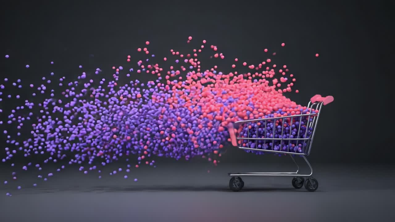 A Dynamic Shopping Cart Filled with Vibrant Purple and Pink Particles, Creating a Visual Explosion of Color and Energy as It Dispenses Bubbles on a Plain Background