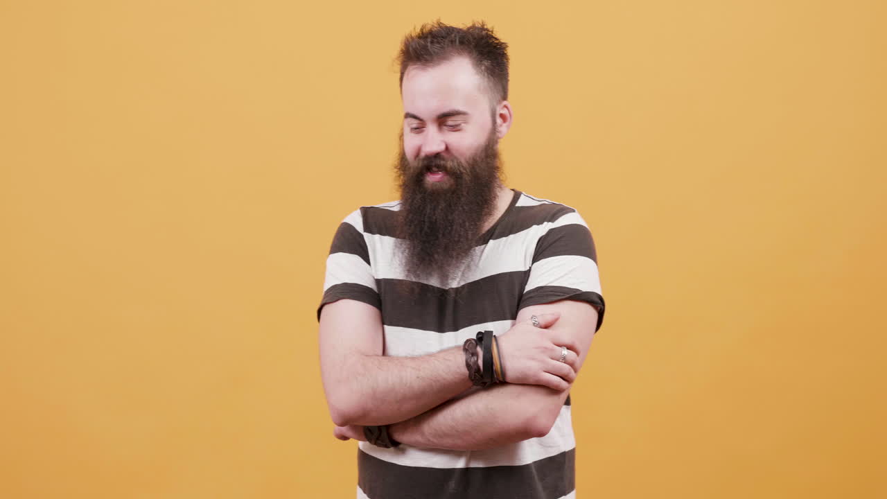 Man with beard posing in front of yellow background