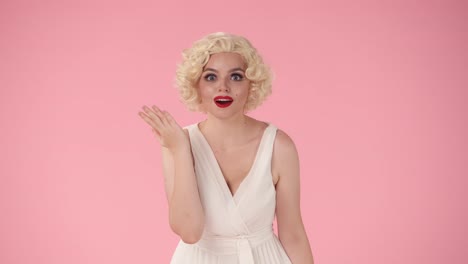 surprised woman in 1940s/50s style dress