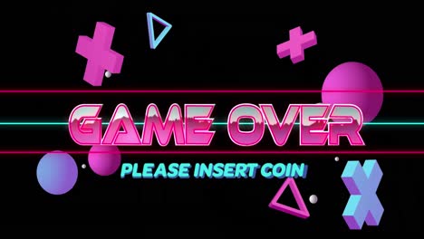 Animation-of-game-over-and-please-insert-coin-text-in-pink-and-blue-with-3d-shapes-floating-on-black