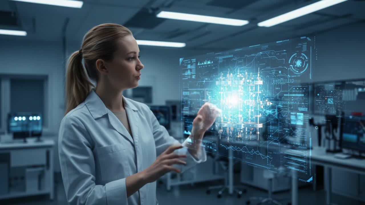 A Female Scientist Interacting with Holographic Data Display in a High-Tech Laboratory Setting, Showcasing Advanced Technology and Innovative Research Methodologies