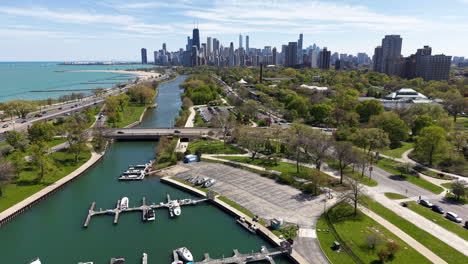 aerial view of chicago usa downtown from diversey harbor, south lagoon and lincoln park