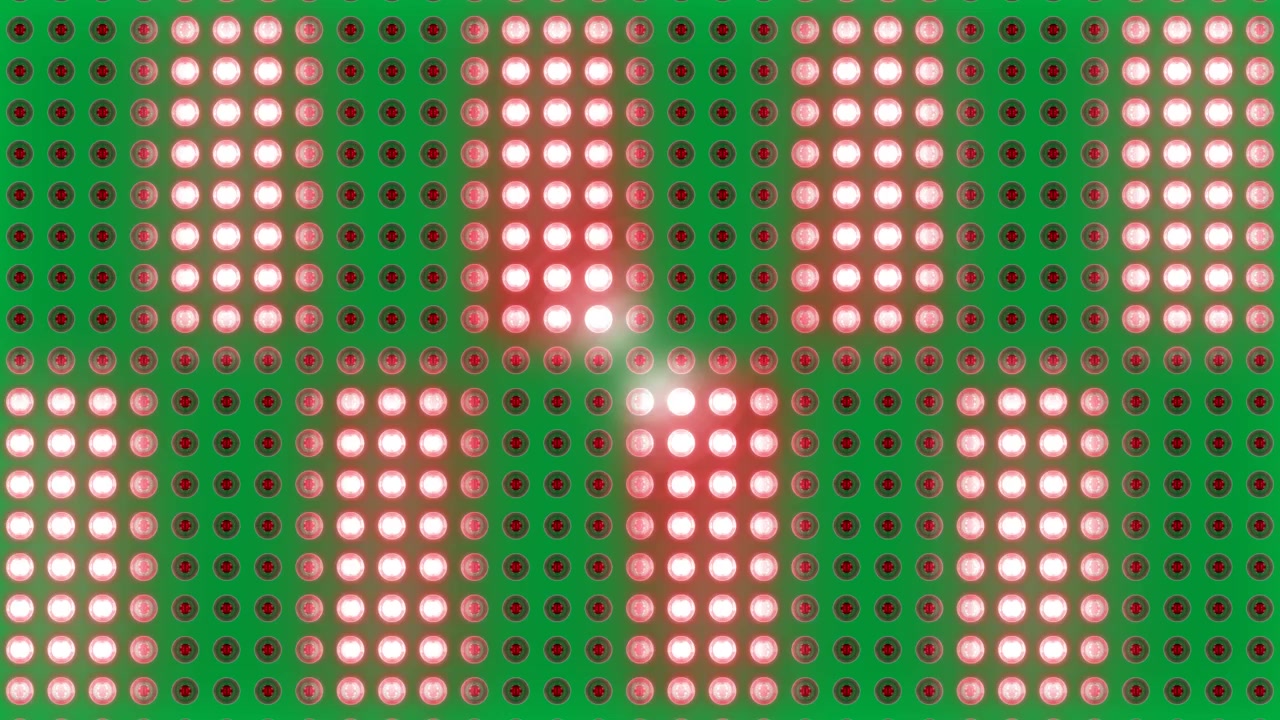 Red LED grid starting flare pulsing shifting over circles midband forming rhythm on transparent BG