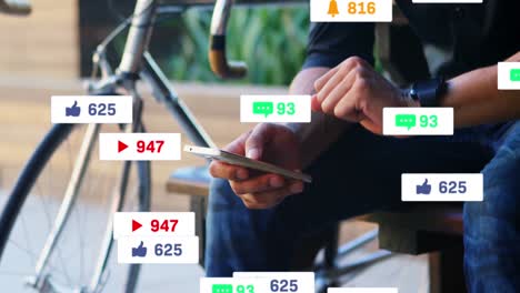 Animation-Von-Social-Media-Symbolen-Und-Zahlen-Auf-Bannern-über-Einem-Mann,-Der-Sein-Smartphone-Nutzt