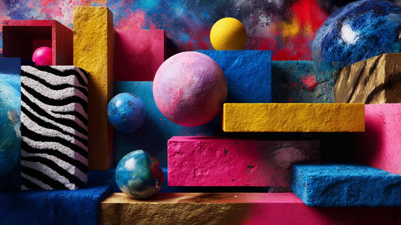 A Creative Display of Colorful Geometric Shapes and Textures Featuring Bold Spheres, Vibrant Blocks, and Artistic Patterns Set Against a Dynamic, Abstract Background