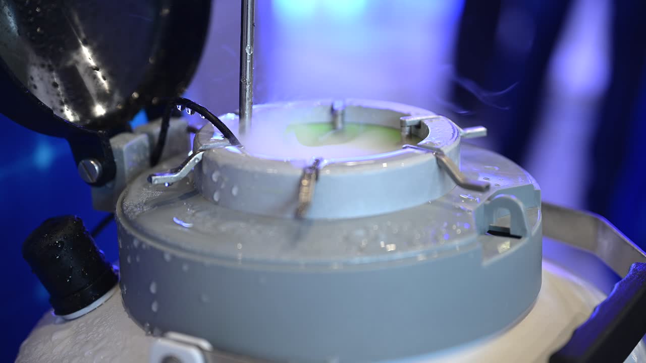 액체 질소의 증기와 가스는 열린 압력 용기에서 나오고, 가까이, 파란색 과학 배경, 화학 응용 프로그램