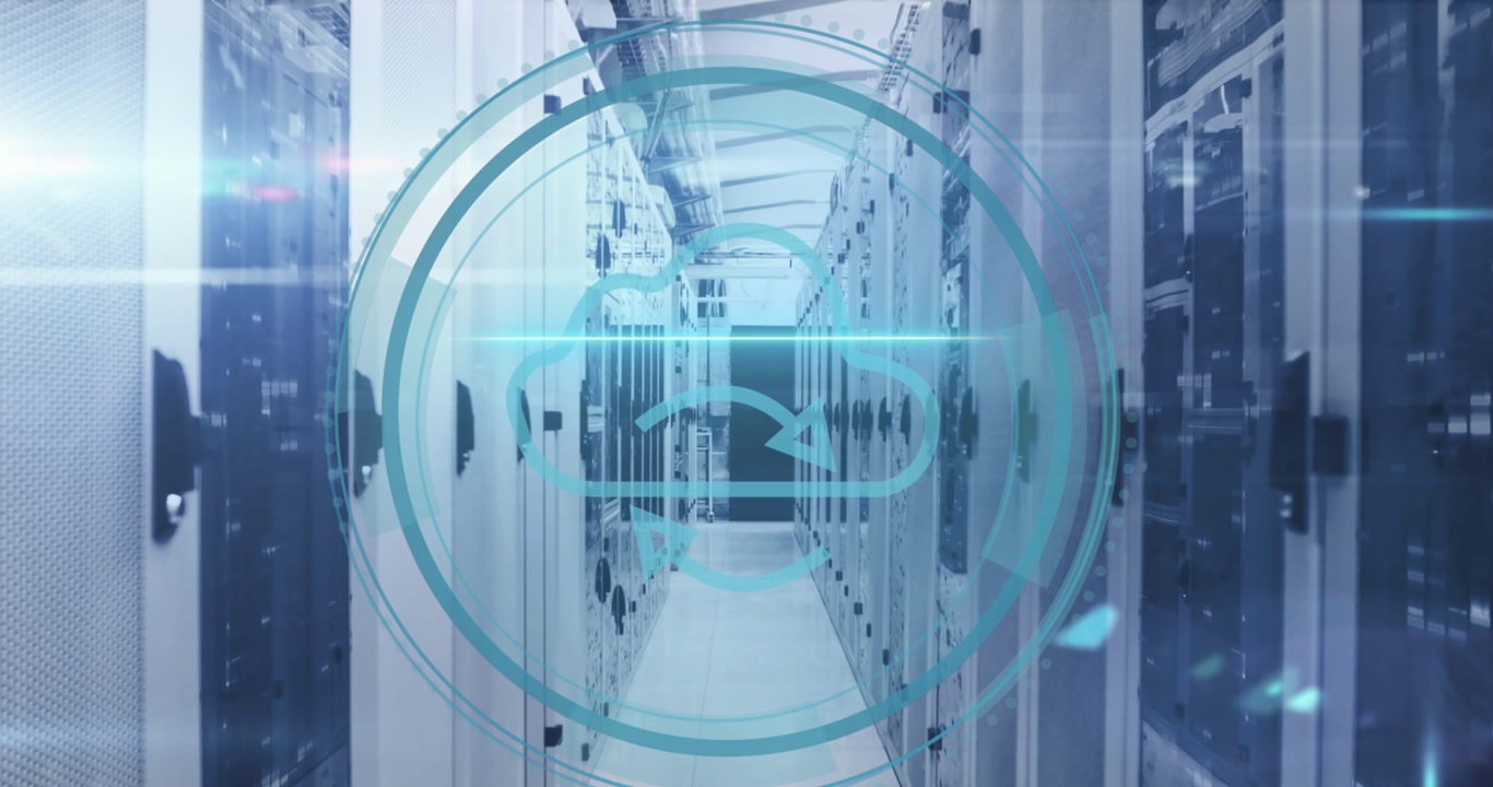Animation of cyber security text banner, cloud icon and mosaic sqaures against server room