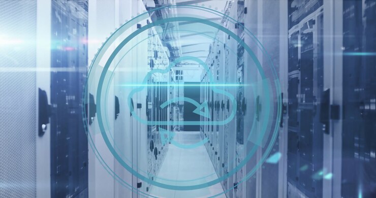 Animation of cyber security text banner, cloud icon and mosaic sqaures against server room