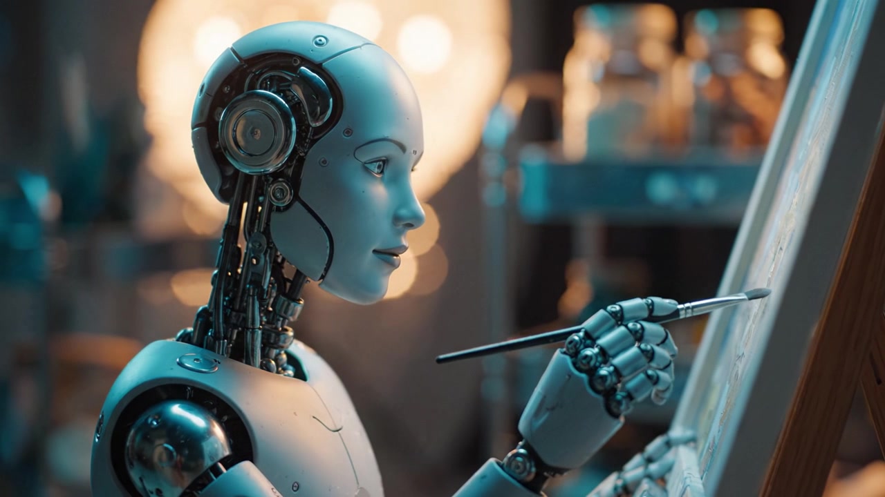 Hassasiyet ve odaklanma ile bir tuval üzerine resim yapan, yaratıcı bir süreç içindeki fütüristik bir robot sanatçı, teknoloji ve sanatın harmanını sergiliyor
