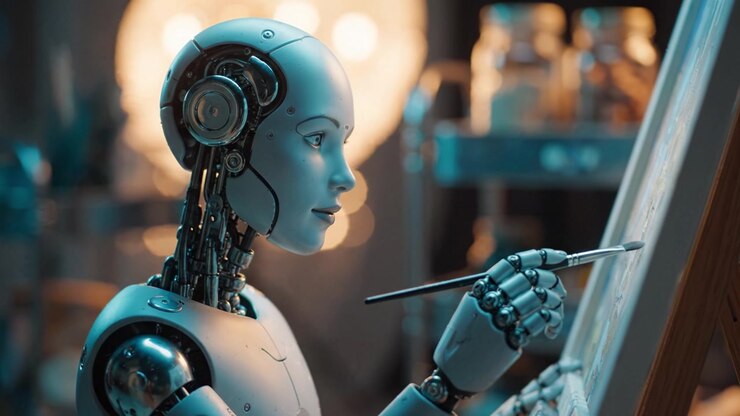 Un artista robotico futuristico impegnato in un processo creativo, che dipinge su una tela con precisione e concentrazione, evidenziando la fusione di tecnologia e arte.