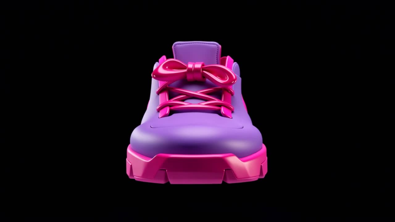 Zapato vibrante morado y rosa girando sobre fondo negro.