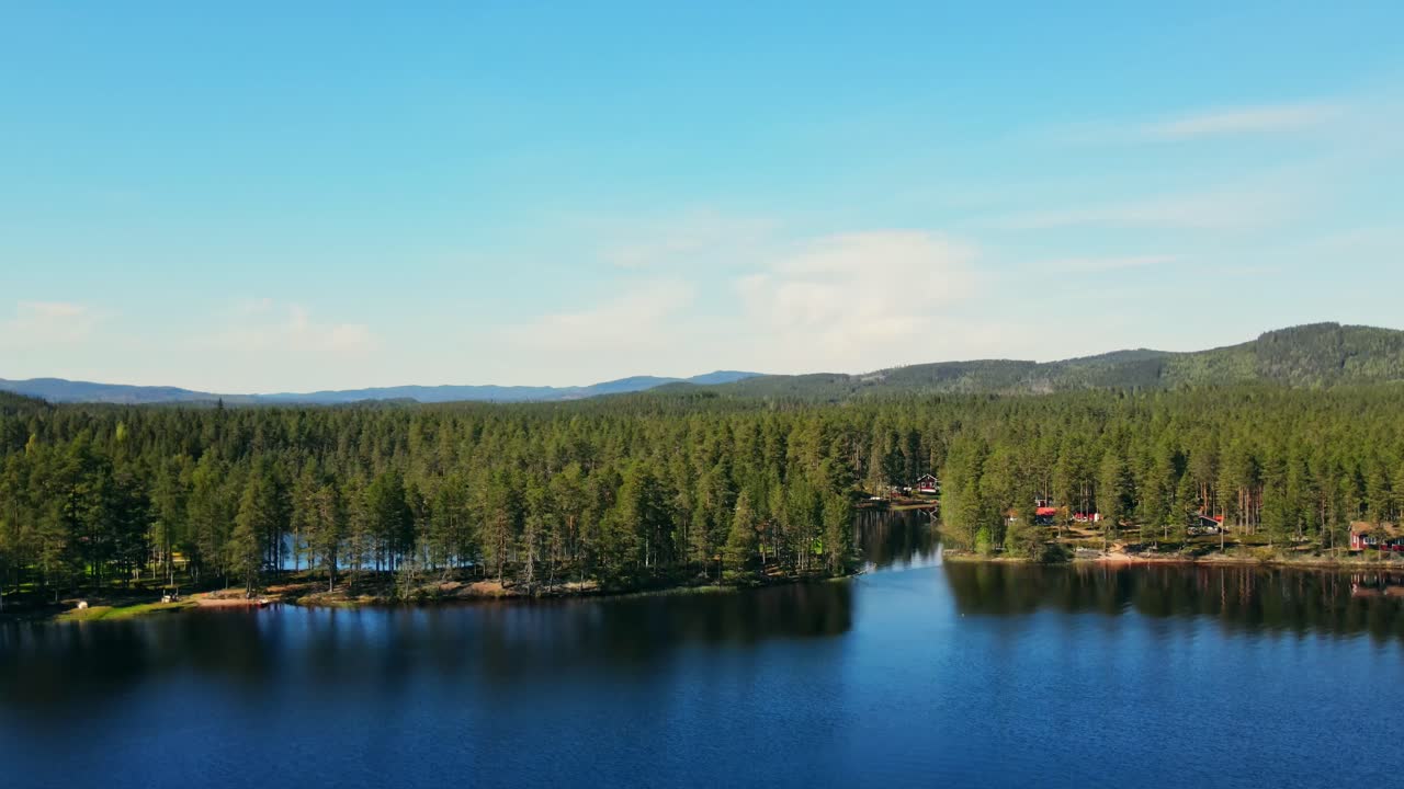 맑고 푸른 하늘과 무성한 초목이 있는 평화로운 호수의 공중 전망 - busjon 호수, appelbo, dalarna, sweden - drone shot