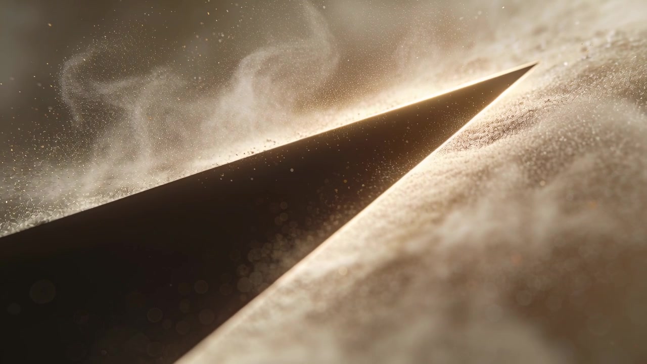 Moving camera revealing dark wedge crossing granular plane under warm rim light, lifting dust