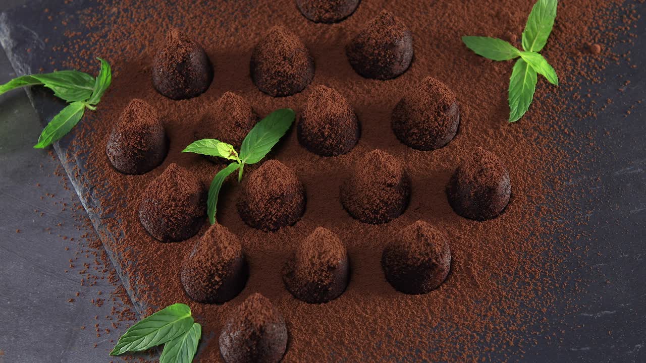 vista superior de las trufas de chocolate salpicadas de cacao