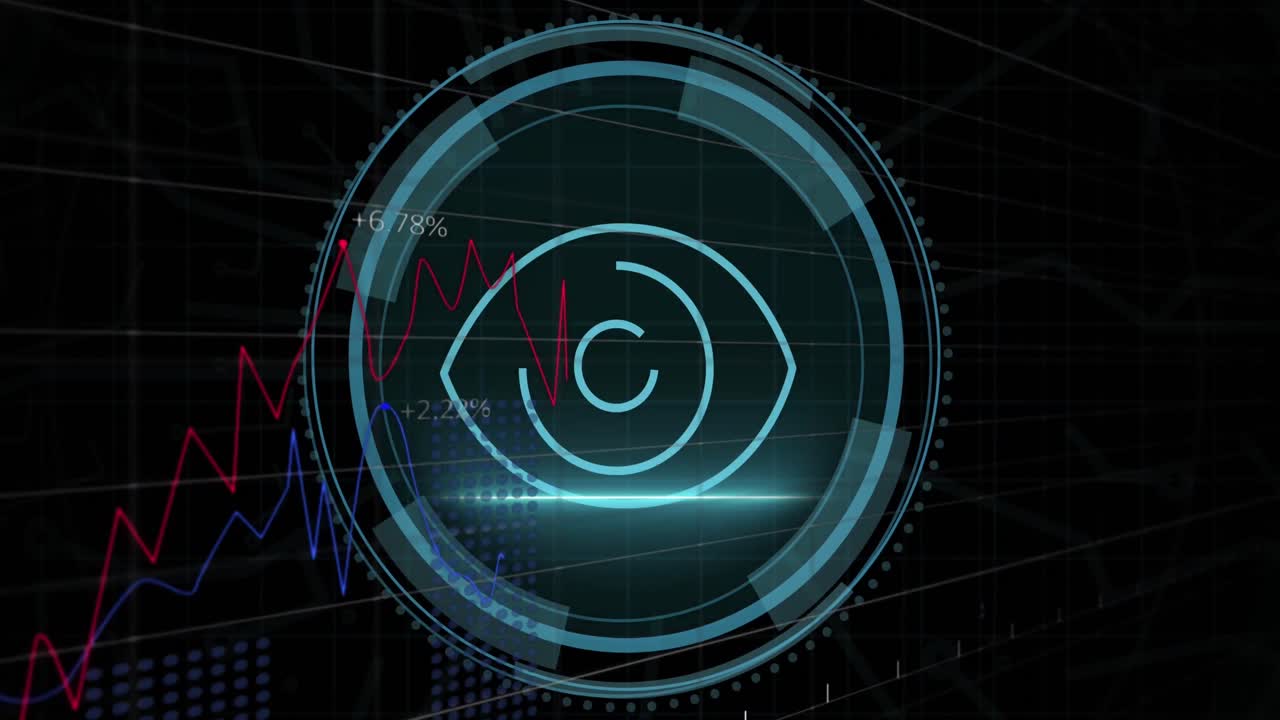 Animation of eye digital icon and data processing over black background