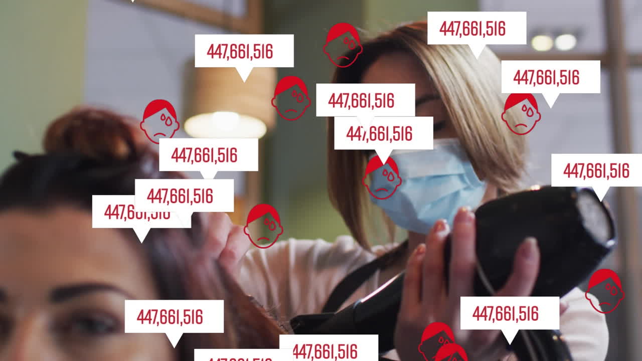 анимация икон коронавируса над кавказской парикмахершей и женщиной в маске