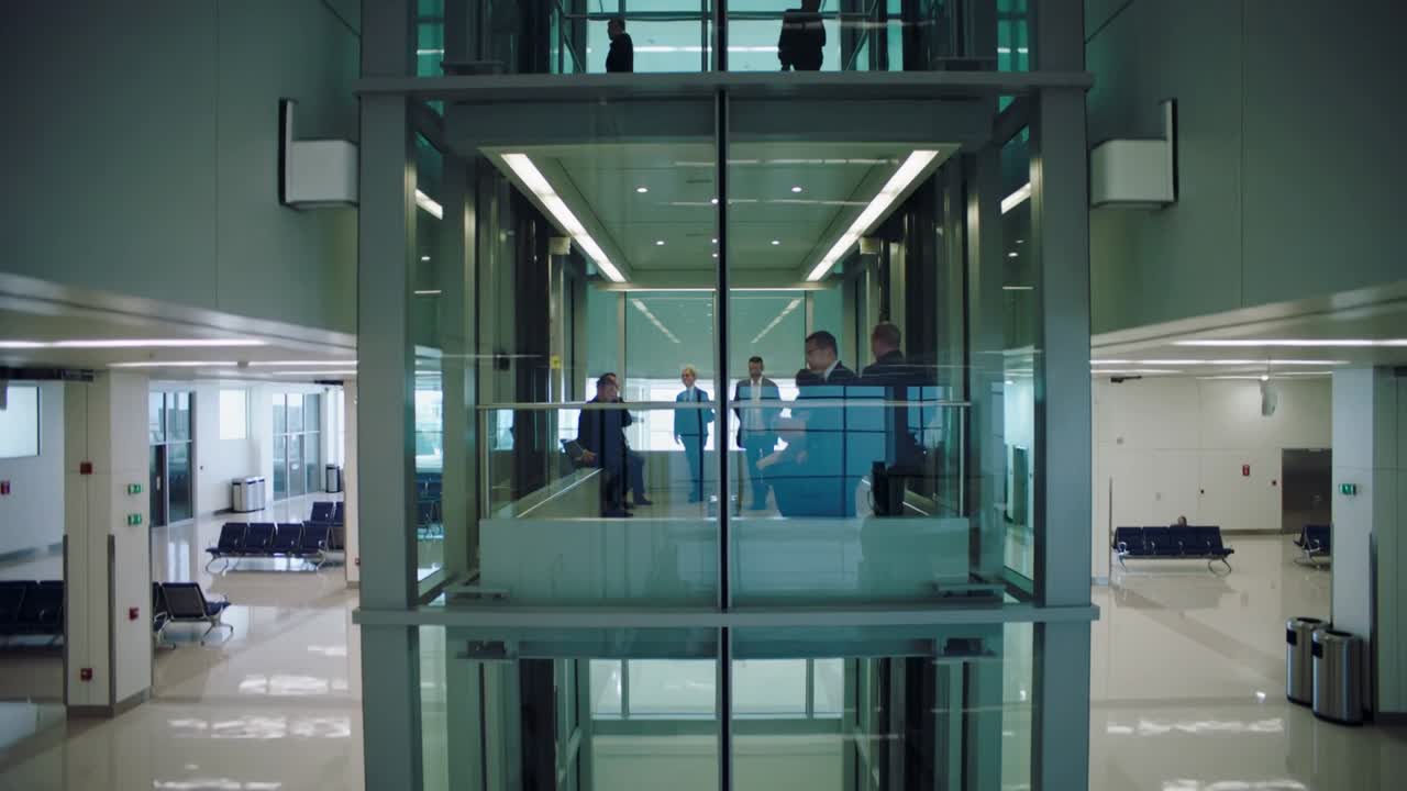 Telecamera che riprende un ascensore di vetro, con un gruppo che discute piani e tiene valigette in abiti eleganti nella hall.