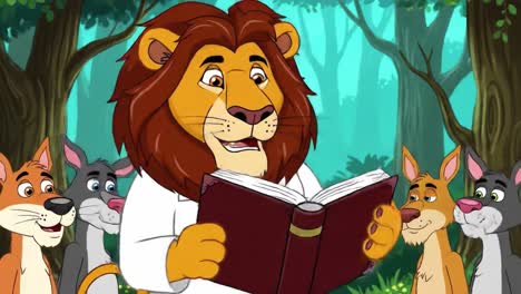 a charismatic lion reads a story to enraptured forest friends, captivating their attention with enthusiasm in a vibrant animated adventure