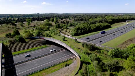 Steady-ascending-aerial-of-freeway-traversed-by-wildlife-crossing-for-animals-to-migrate-between-conservancy-areas-revealing-a-bike-bridge-besides