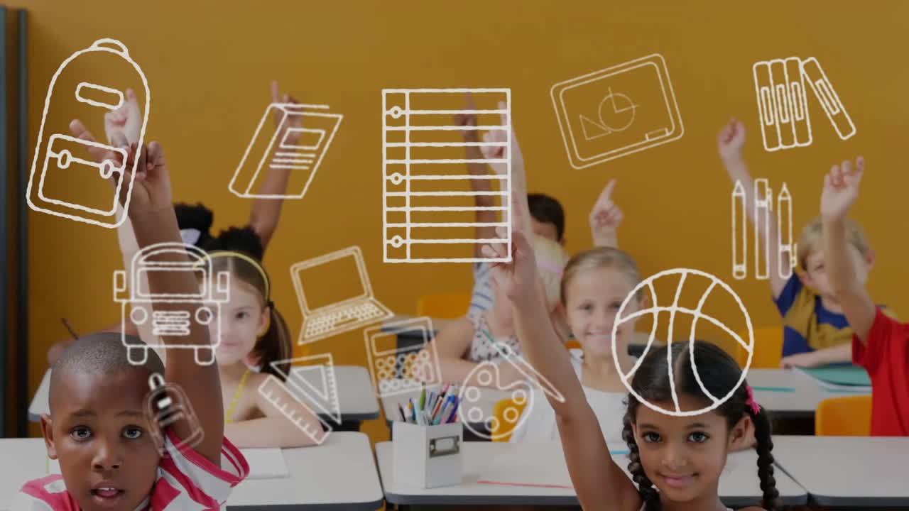 Animation of education school icons over diverse school children in classroom