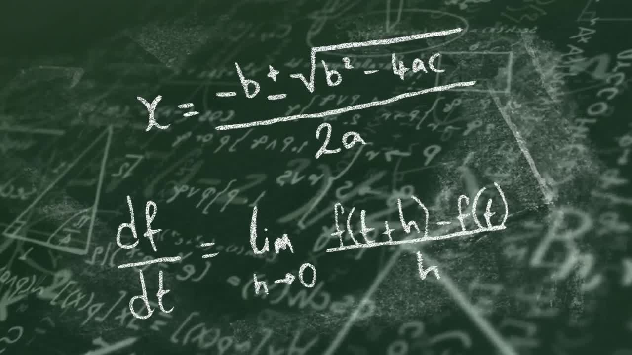 Digital animation of mathematical equations and diagrams floating against green background