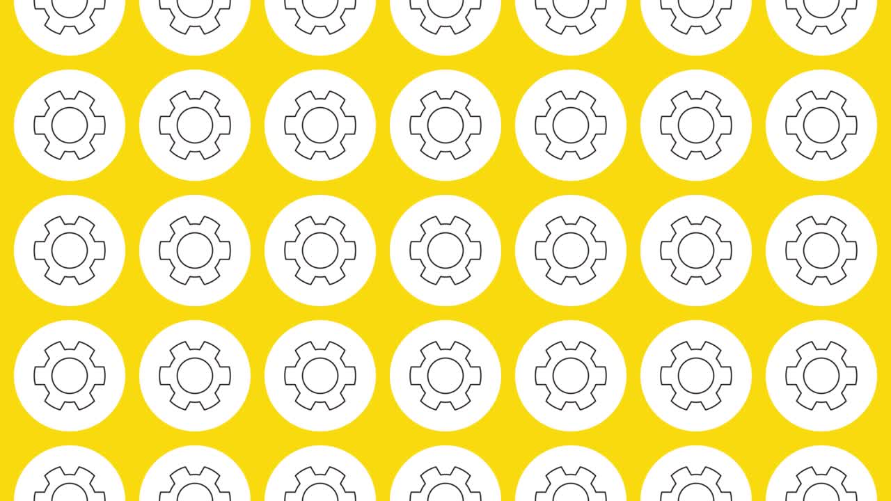 Cogwheel icon in white circle with black dynamic line pattern on a yellow background. Seamless loop dynamic pattern with regular symbols rotating around