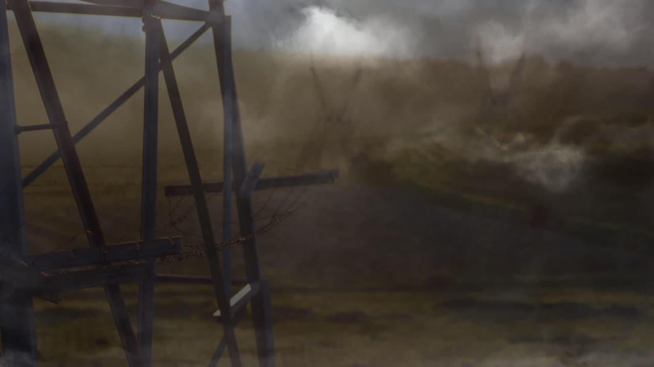 анимация шторма над электрическими столбами на закате