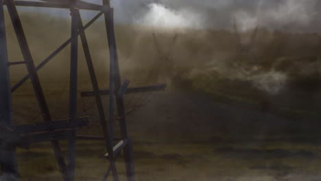 animación de la tormenta sobre los postes de electricidad al atardecer