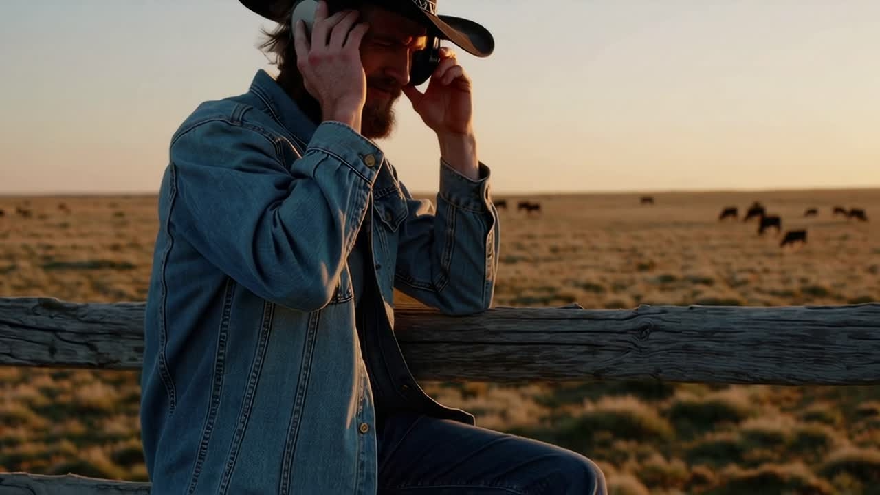 Cowboy Listening to Music at Sunset