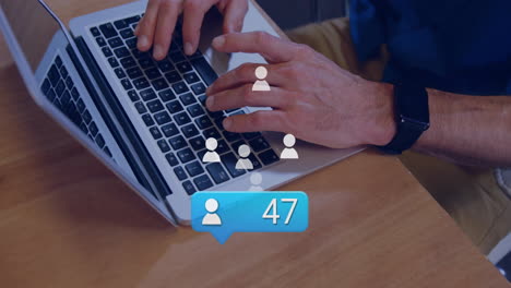 hands typing on laptop with social media notification animation showing 47 likes