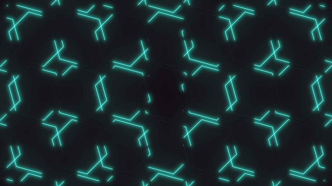 Abstract futuristic background featuring a seamless pattern of glowing cyan neon lines forming a hexagon grid on a dark surface, ideal for technology themes, sci fi concepts and motion graphics