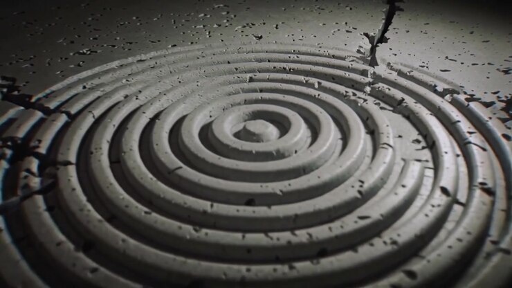 Zooming camera revealing ringed grooved formation at studio table, exposing texture and debris