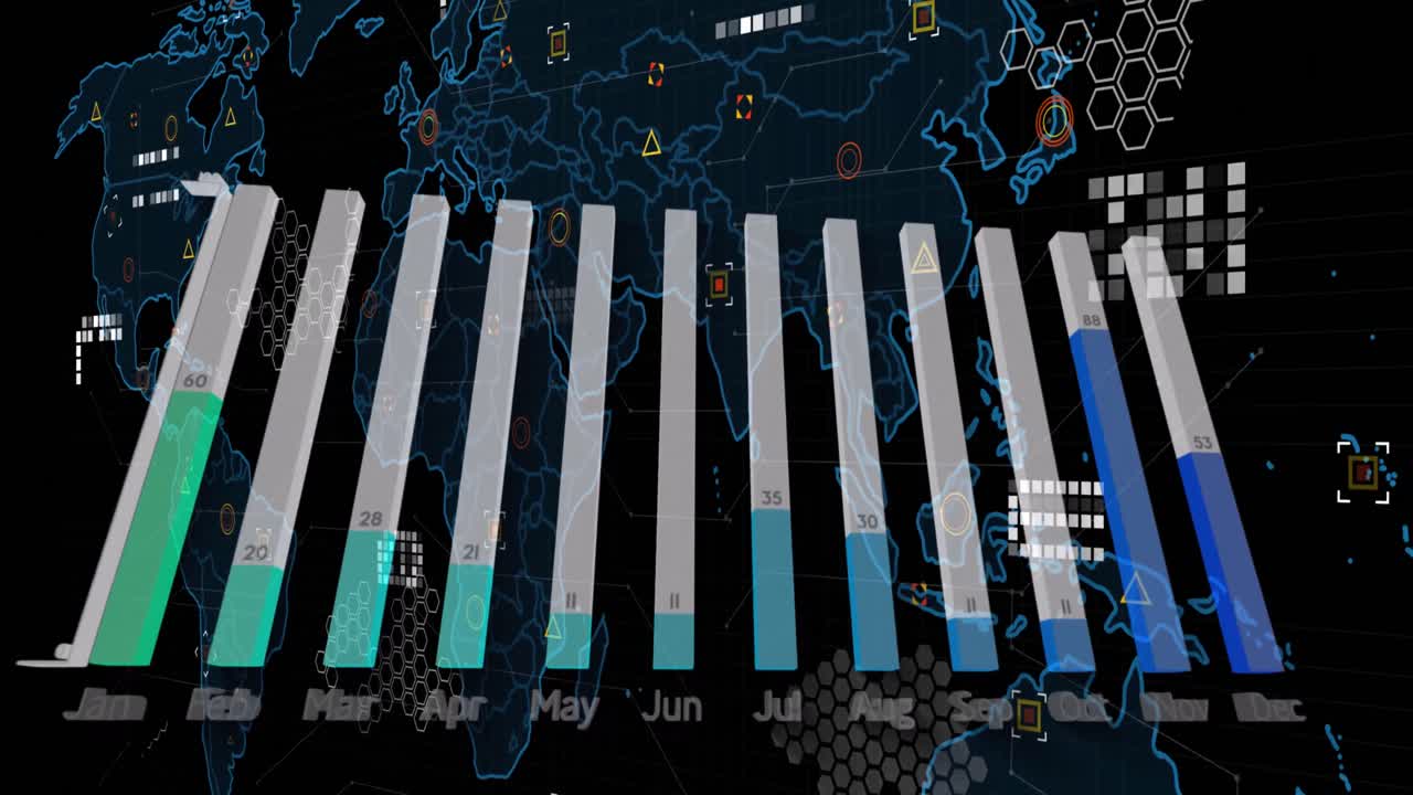 animación del procesamiento de datos y las estadísticas en fondo oscuro