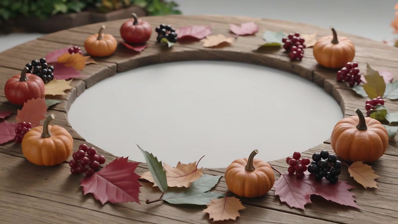 La telecamera si allontana rivelando una ghirlanda autunnale su un tavolo di legno, mostrando zucche, bacche e foglie.
