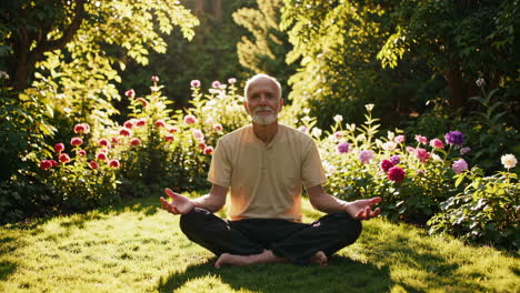 senior man meditating in a garden