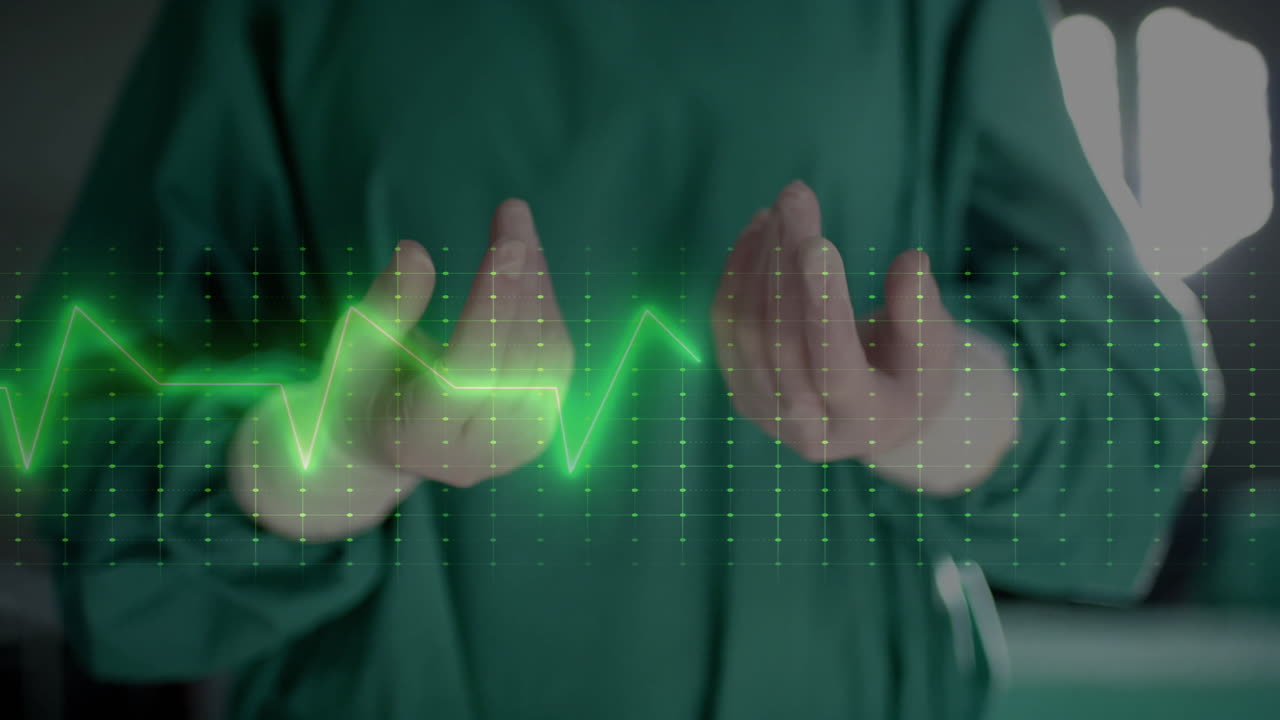 Animation of data processing over caucasian male surgeon in hospital