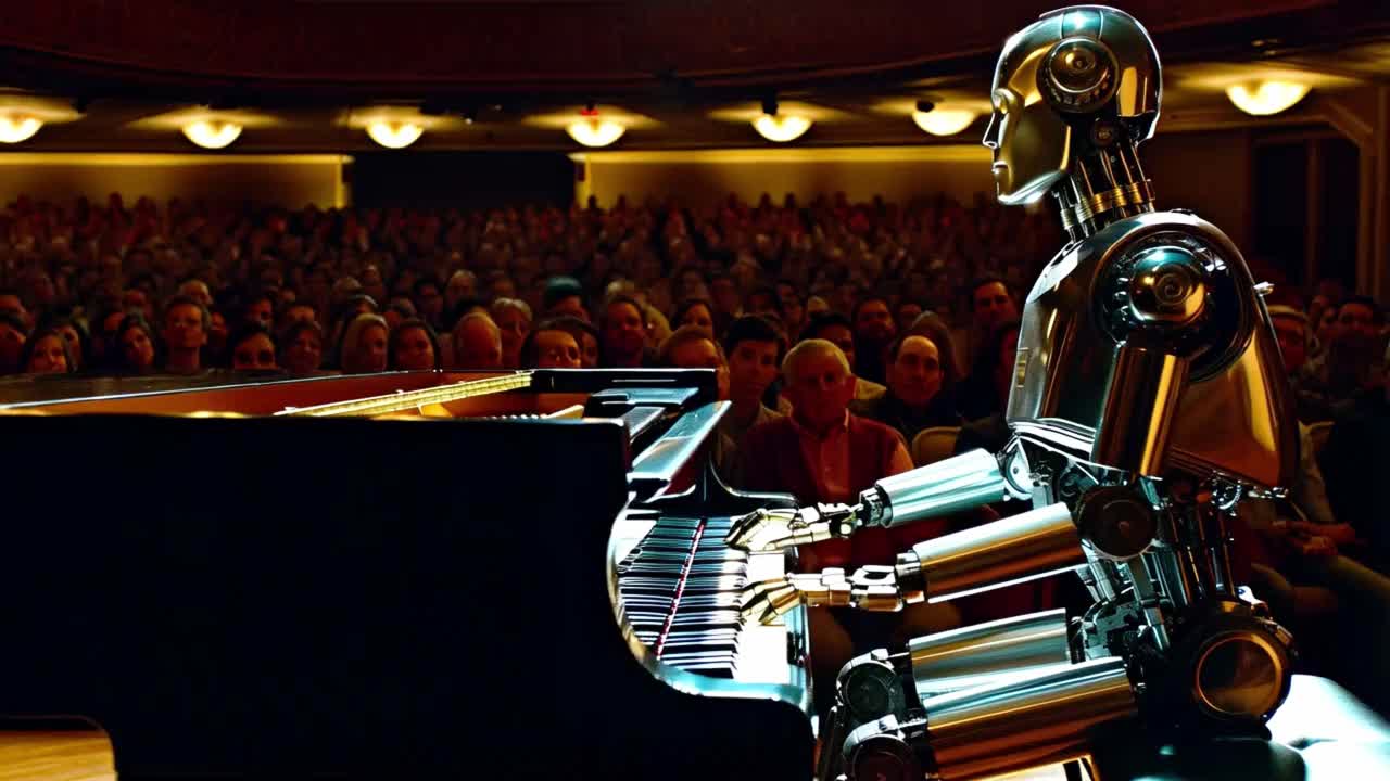 Robot playing piano for a concert audience