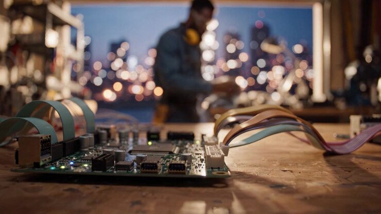Creare Innovazione: Un Ingegnere Concentrato Assembla Circuiti in un'Officina Urbana al Tramonto, Illuminato dalle Luci della Città e da un Ambiente Creativo