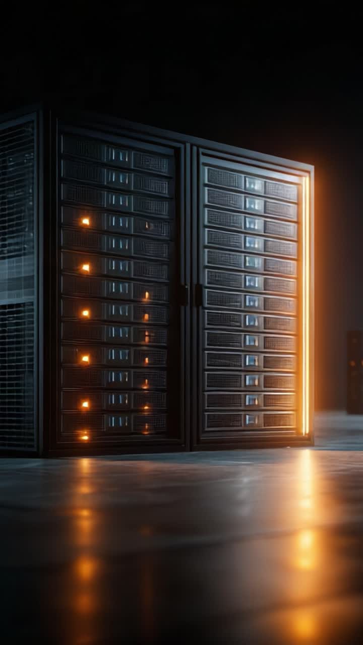 Una transizione spettacolare di rack server illuminati che mostrano la trasmissione di dati in un ambiente scuro con effetti di illuminazione dinamici e vivaci cambiamenti di colore