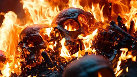 a group of skulls in a pile of fire