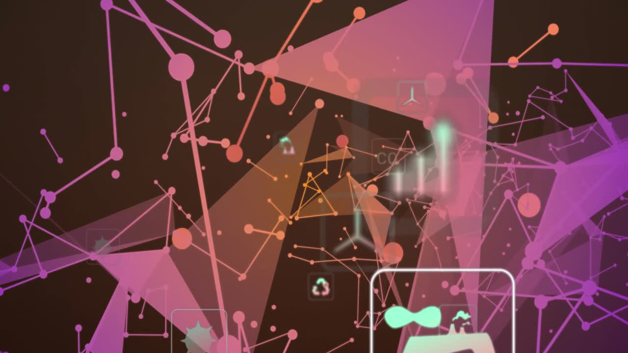 플렉서스 네트워크의 애니메이션과 갈색 배경에 떠다니는 다중 디지털 아이콘