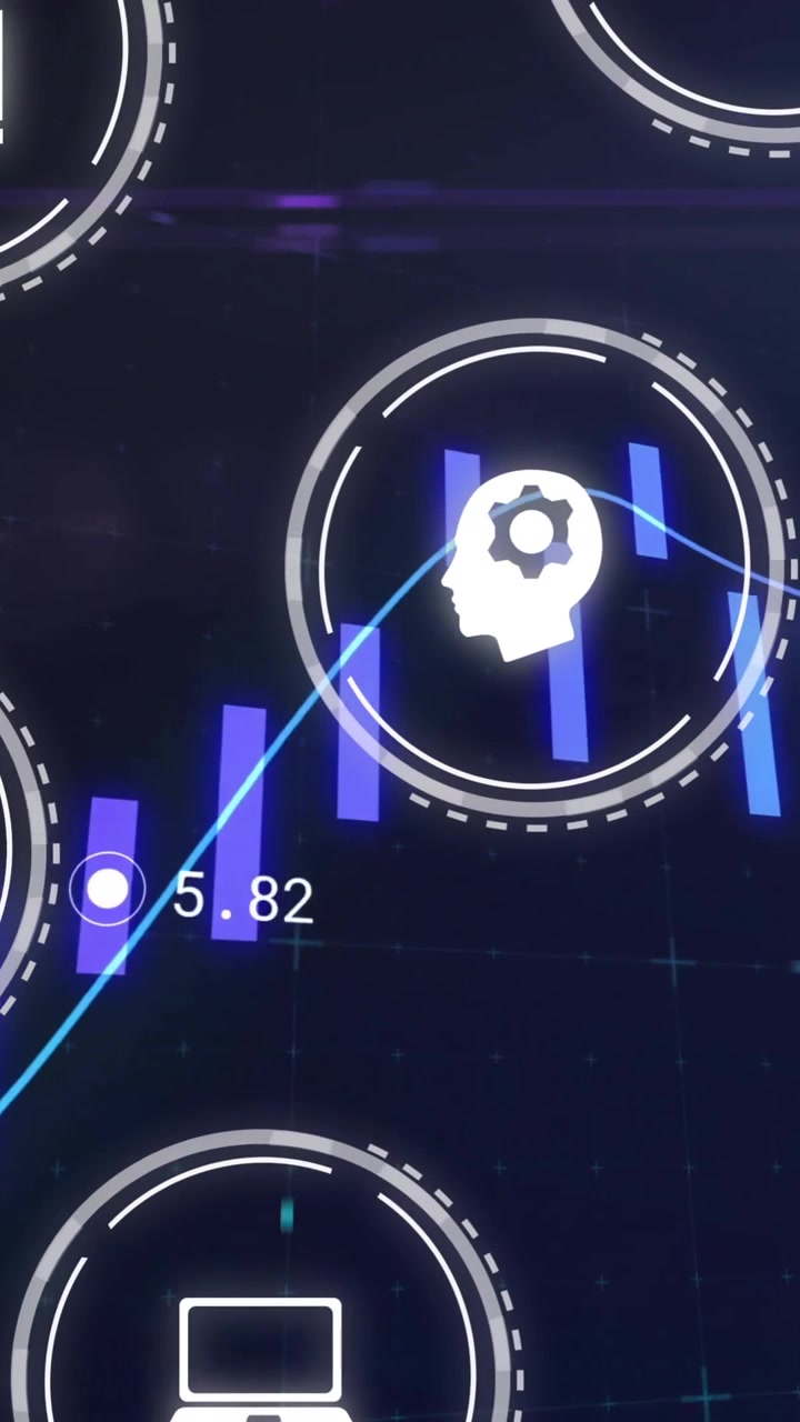 Financial data processing animation over various business icons and graphs