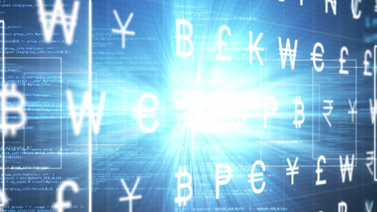 파란색 배경에 데이터 처리를 통해 통화 기호의 애니메이션