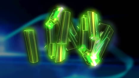 Animation-of-glowing-metallic-green-block-spinning-over-digital-screens