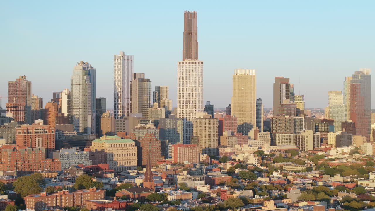 Aerial view of Downtown Brooklyn. Shot on an Autumn day .
