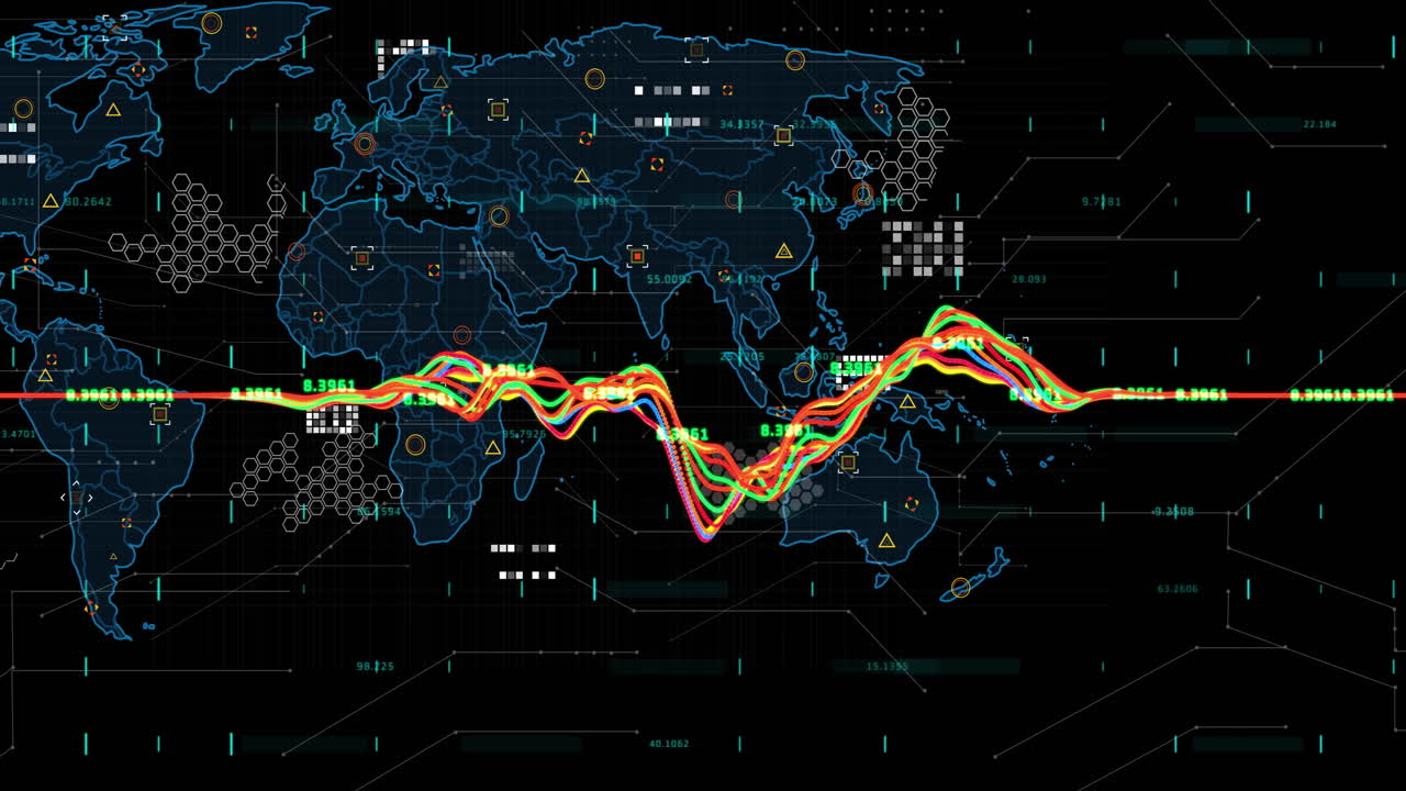 Animation of digital data processing over world map on dark background