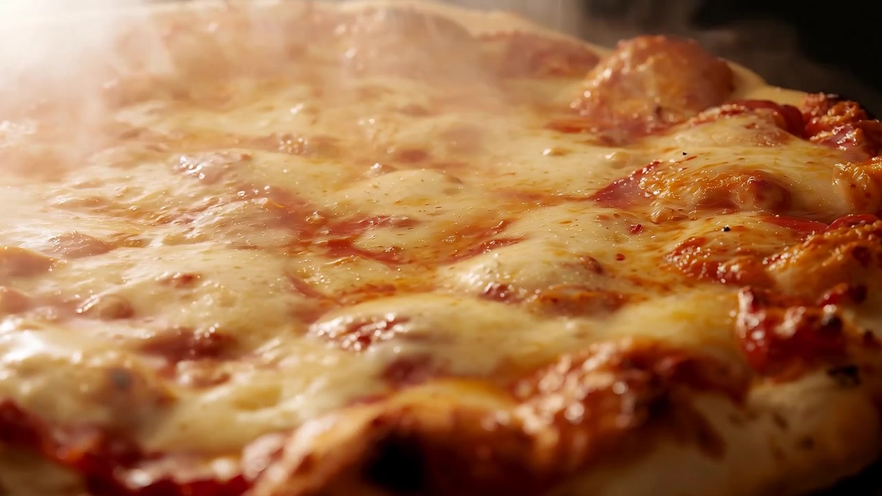 Pizza al salame piccante fumante con formaggio che bolle e crosta dorata, appena sfornata, su un bancone caldo.