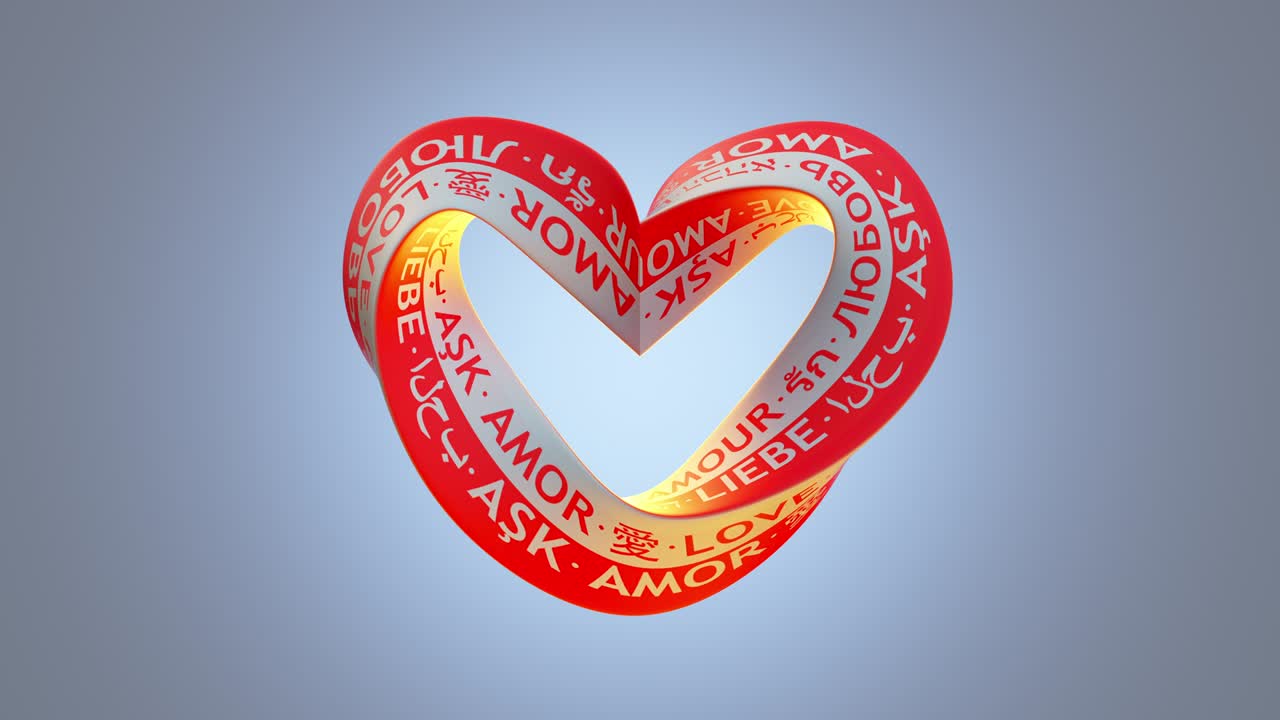 forma de corazón retorcido con texto de amor en diferentes idiomas en bucle renderizado en 3d