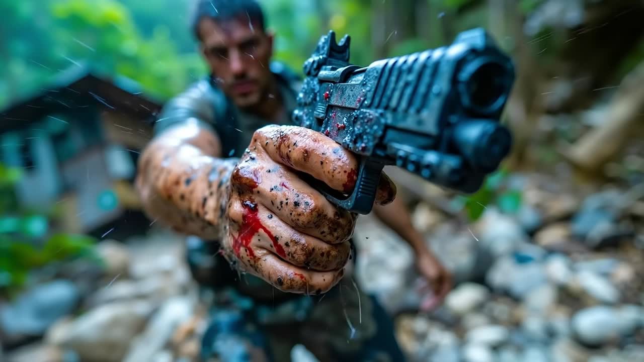 A man holding a gun with blood on his hand